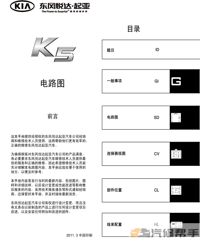 2011 2012年款起亞K5 2.0原廠維修手冊電路圖線路圖資料下載